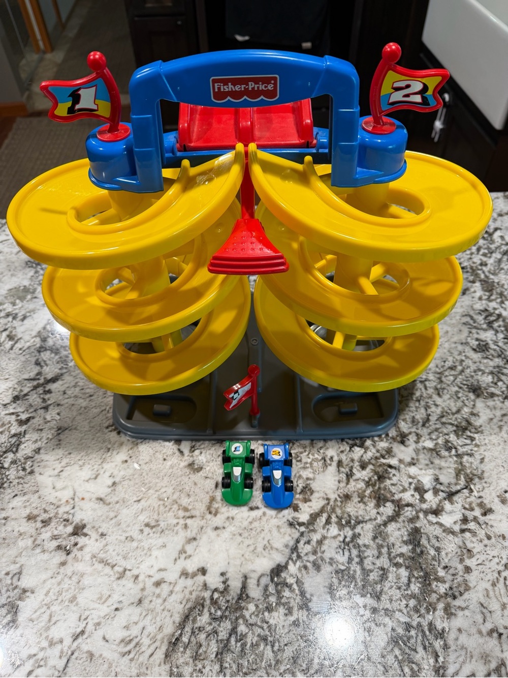 Vintage 1997 Fisher-Price Yellow Spiral Speedway with 2 Original Cars